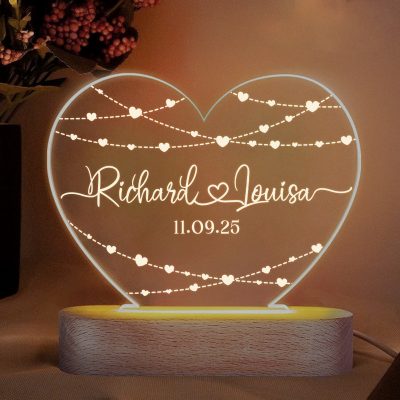 Personalized Night Light as Valentines Day Gift - Custom Names And Dates On Acrylic Led - Engagement Gift - Romantic Gift For Couple