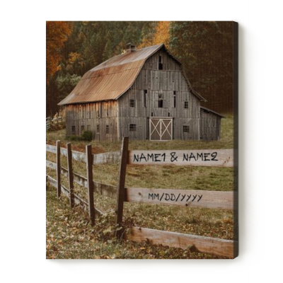 Couple Names on Fence Farmhouse Canvas Art - Custom Barn Rustic Wall Decor - Unique Wedding Gifts - Valentine's Present Ideas