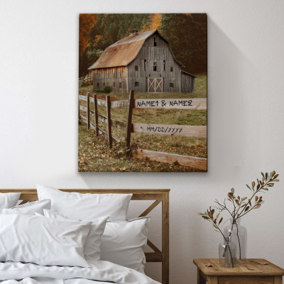 Couple Names on Fence Farmhouse Canvas Art - Custom Barn Rustic Wall Decor - Unique Wedding Gifts - Valentine's Present Ideas