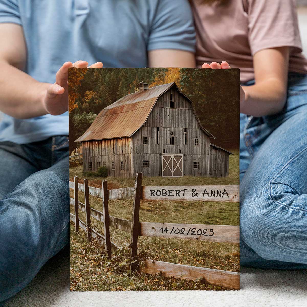 Couple Names on Fence Farmhouse Canvas Art - Custom Barn Rustic Wall Decor - Unique Wedding Gifts - Valentine's Present Ideas