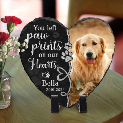Personalized Dog Memorial Stone with Picture - Custom Pet Memorial Grave Markers - Memorial Gifts for Loss of Dog - You Left Paw Prints On Our Hearts