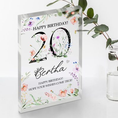 Personalized Floral 20th Birthday Acrylic Plaque - Custom 20th Birthday Keepsake Gift - 20th Birthday Gift Ideas - Gifts For GF Birthday