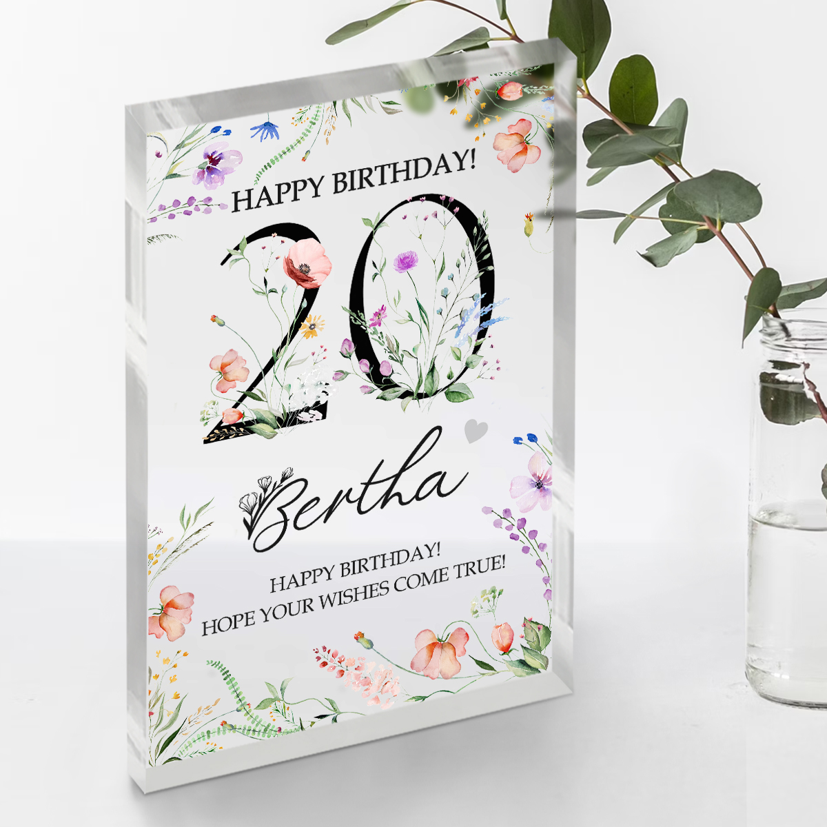 Personalized Floral 20th Birthday Acrylic Plaque - Custom 20th Birthday Keepsake Gift - 20th Birthday Gift Ideas - Gifts For GF Birthday