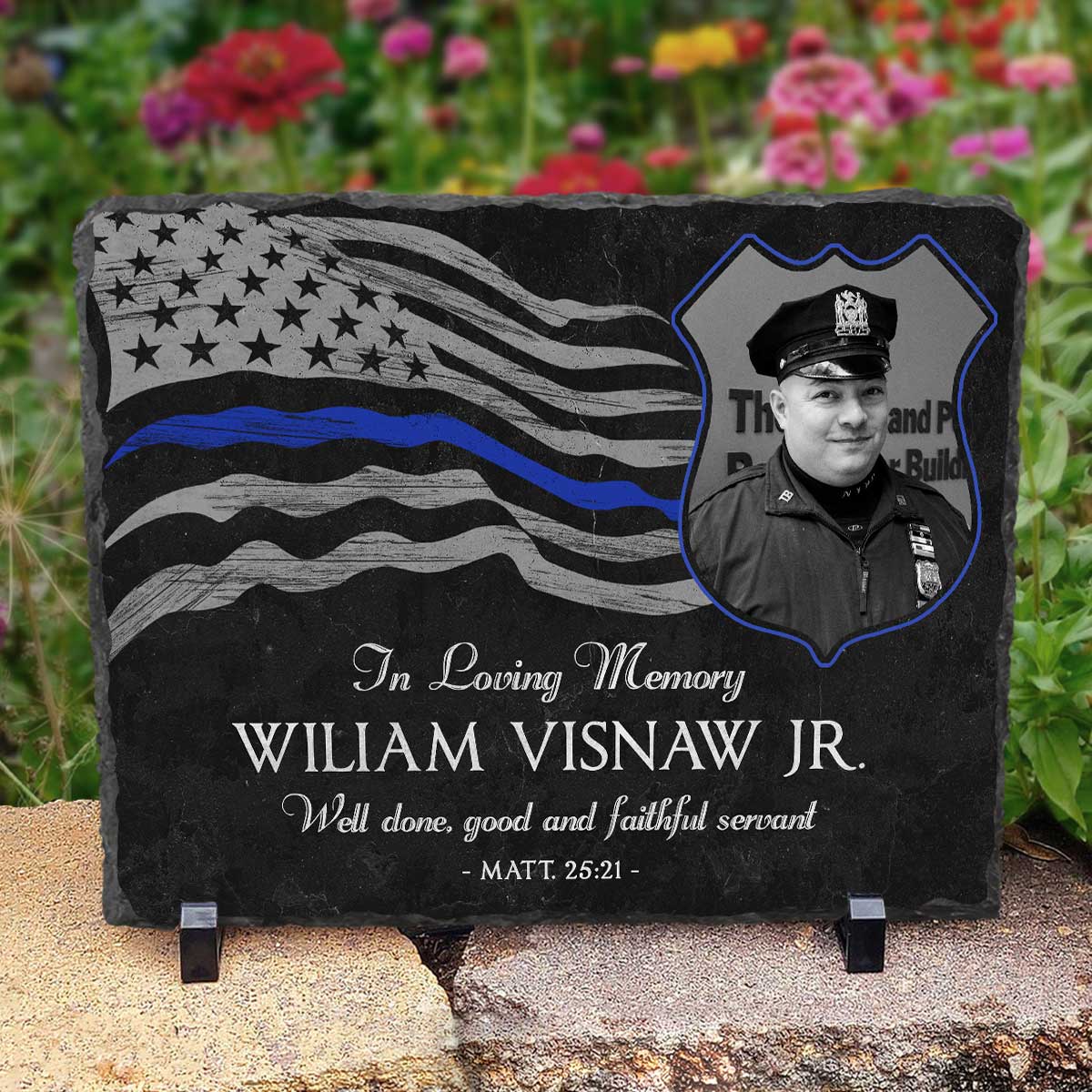 Police Memorial Stone for Garden - Police Remembrance Stone - Thin Blue Line Stone - Police Officer Memorial