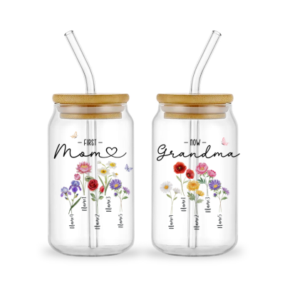 First Mom Now Grandma Garden Gift - Personalized Mom Grandma Glass Tumbler - Custom Birth Flower Gift For Mom Nana - Mother's Day Gift 2025