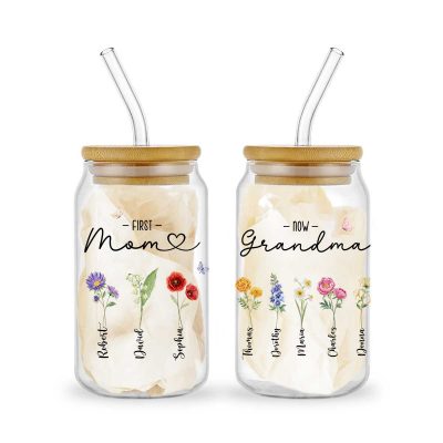 First Mom Now Grandma Garden Gift - Personalized Mom Grandma Glass Tumbler - Custom Birth Flower Gift For Mom Nana - Mother's Day Gift 2025