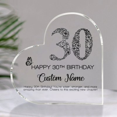 Personalised Floral Happy 30th Birthday Heart Plaque - 30th Birthday Presents For Her - Gifts For 30 Yr Old Woman