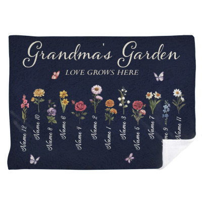 grandmas garden fleece blanket - mothers day gift for grandma - birth flower grandma gift - grandma gift with grandkids names - gift for nana