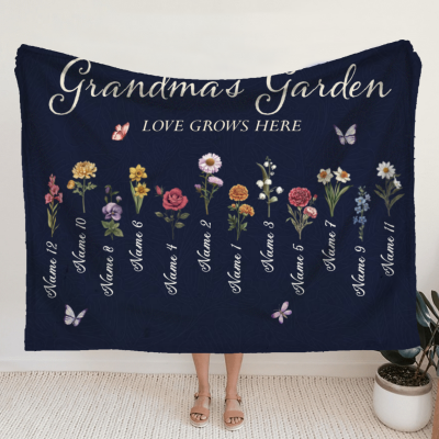 grandmas garden fleece blanket - mothers day gift for grandma - birth flower grandma gift - grandma gift with grandkids names - gift for nana