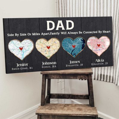 long distance father's day gift - custom map heart canvas for dad, dad birthday gift - long distance family gifts - personalized gifts for dad