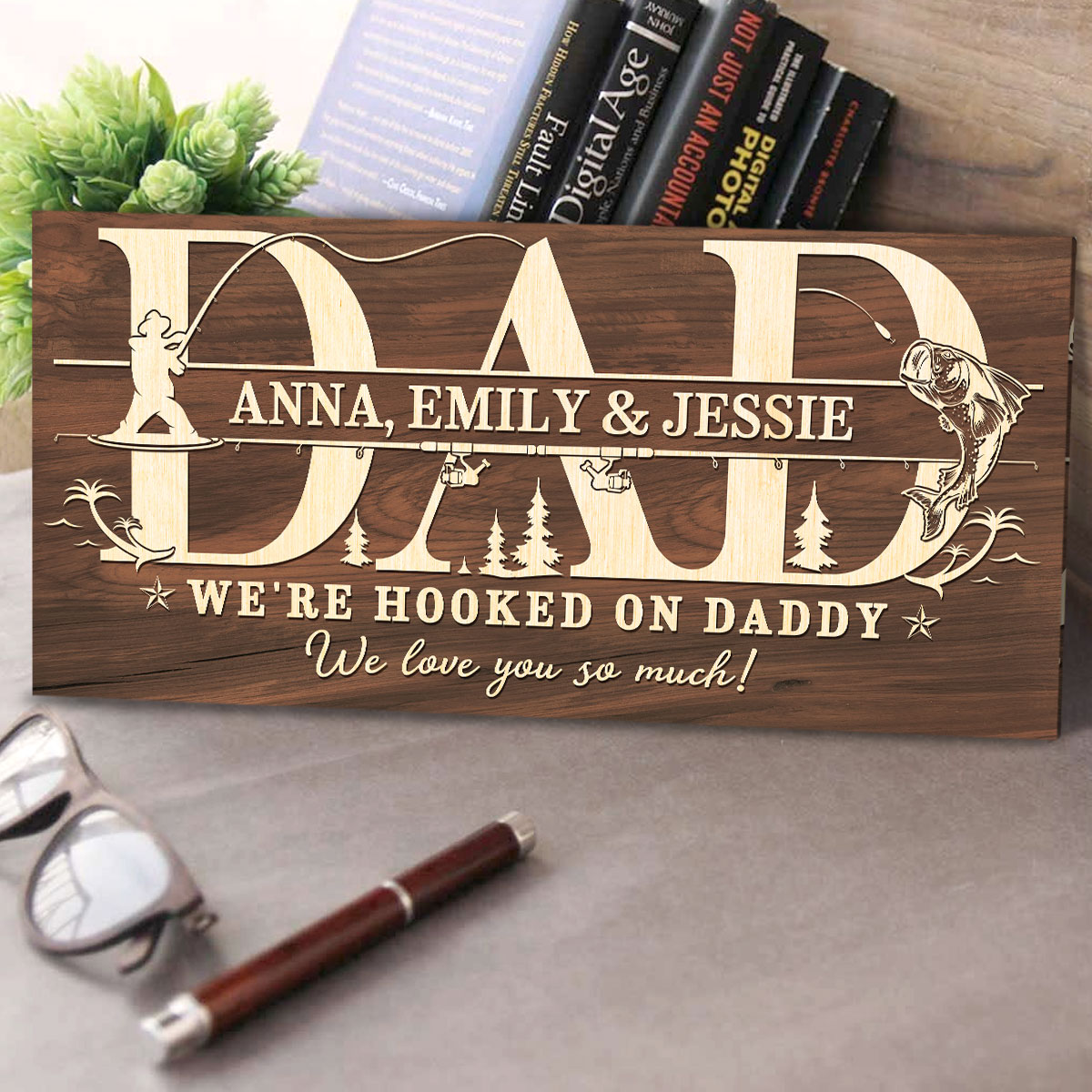 Fishing Father's Day Gift for Him - Personalized Fishing Dad Sign With Kids Name - Gifts For Dad From Daughter - Fisherman Gifts
