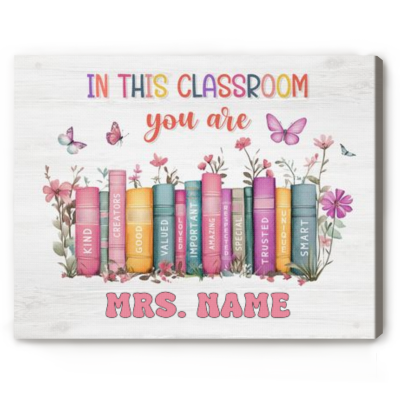 Custom Teacher Name Canvas With Books, Teacher Welcome Sign, Gift For Teacher, Classroom Decor, Back To School Gift, End Of School Gift