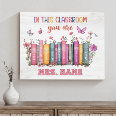 Custom Teacher Name Canvas With Books, Teacher Welcome Sign, Gift For Teacher, Classroom Decor, Back To School Gift, End Of School Gift