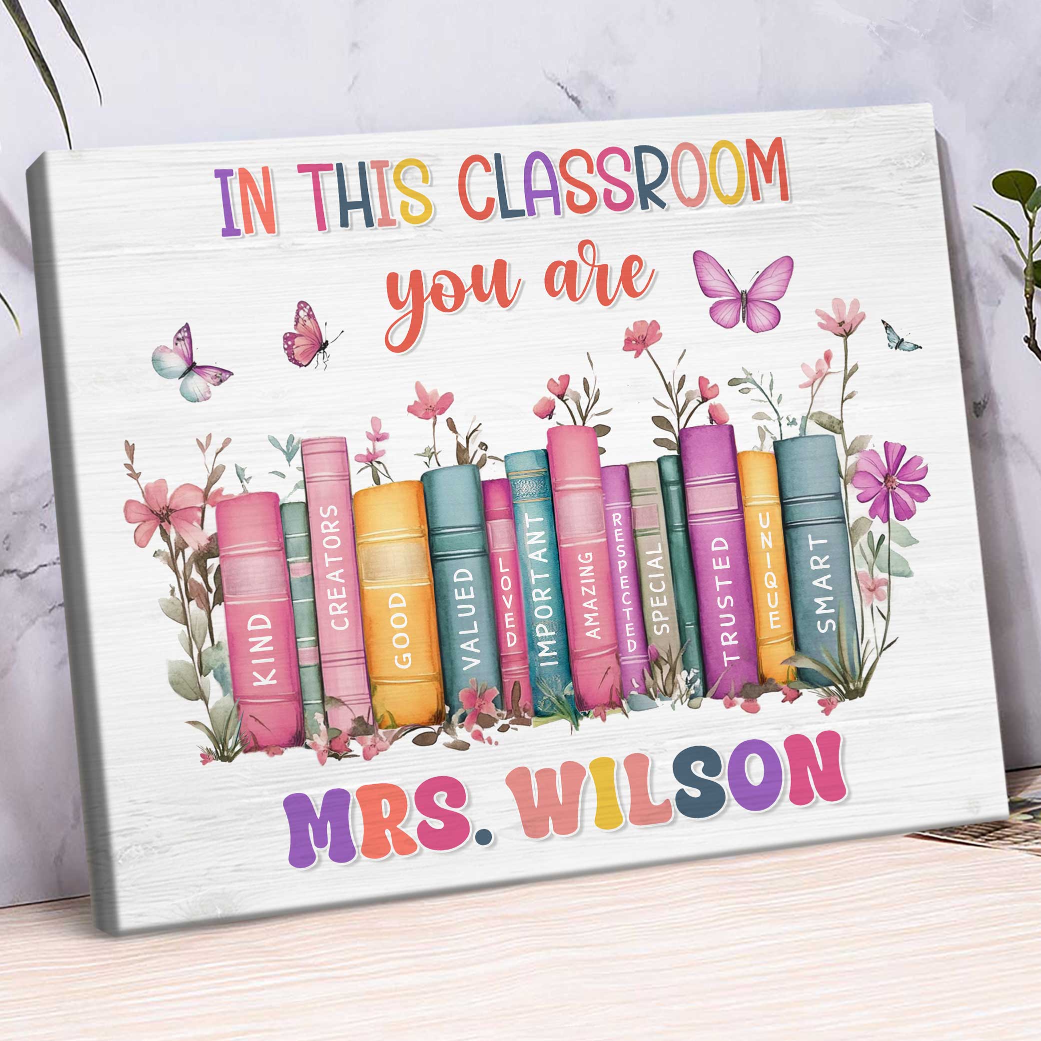 Custom Teacher Name Canvas With Books, Teacher Welcome Sign, Gift For Teacher, Classroom Decor, Back To School Gift, End Of School Gift
