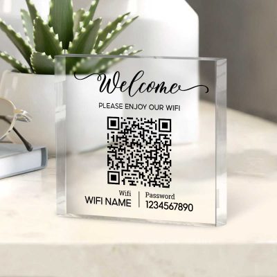 Personalized WiFi Acrylic Block, Wifi Sign with Password and QR Code, Guest Wifi Password, Coffee Shop Decor, Internet Cafe Decor