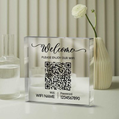 Personalized WiFi Acrylic Block, Wifi Sign with Password and QR Code, Guest Wifi Password, Coffee Shop Decor, Internet Cafe Decor