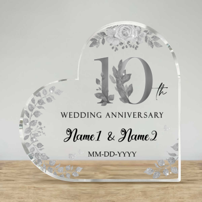 Personalized 10th Anniversary Gift, Tin Wedding Anniversary Gifts, Tenth Anniversary Gift For Him, 10 Years Anniversary Heart Acrylic Plaque
