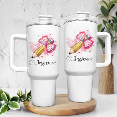 Custom Teacher Pencil Tumbler, Personalized Teacher Name Cup With Handle, Appreciation Gift for Teacher, Back To School Cup