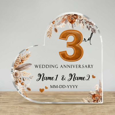 Leather Wedding Anniversary Gifts, Third Wedding Anniversary Gift, 3 Year Anniversary Gift, Personalized 3rd Year Anniversary Heart Acrylic Plaque