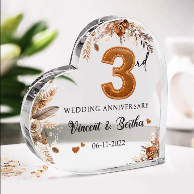 Leather Wedding Anniversary Gifts, Third Wedding Anniversary Gift, 3 Year Anniversary Gift, Personalized 3rd Year Anniversary Heart Acrylic Plaque