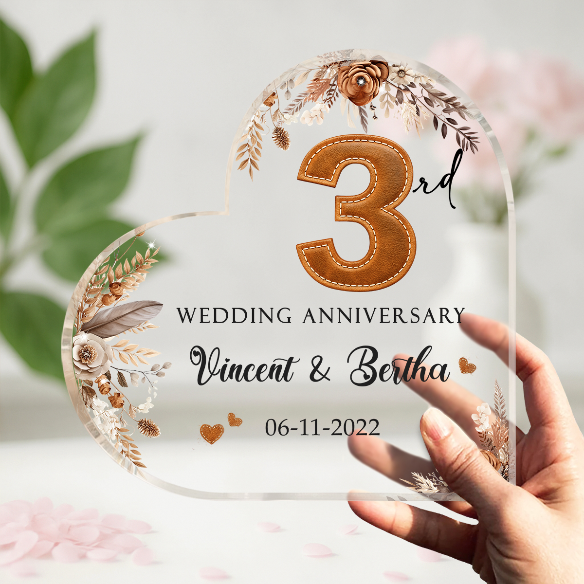 Leather Wedding Anniversary Gifts, Third Wedding Anniversary Gift, 3 Year Anniversary Gift, Personalized 3rd Year Anniversary Heart Acrylic Plaque
