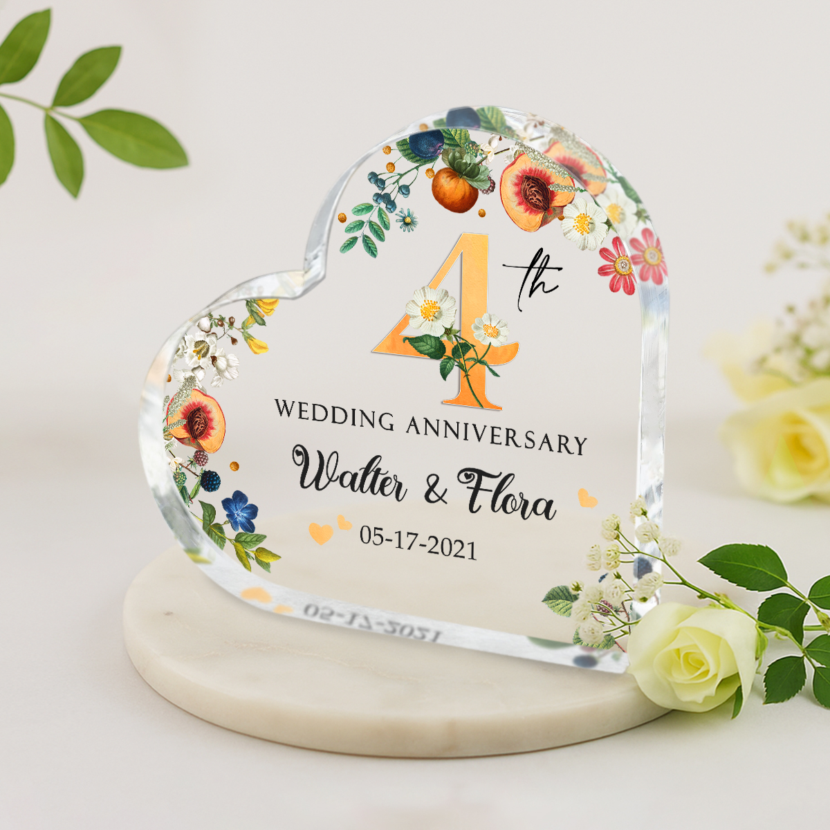 4th Year Wedding Anniversary Gift, Four Year Wedding Anniversary Gift, Personalized  4th Wedding Anniversary Heart Acrylic Block