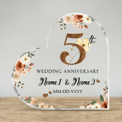 5 Year Anniversary - Personalized Heart Acrylic Plaque, Personalized Wood Anniversary Gifts,Five Year Wedding Anniversary Gift, Fifth Anniversary Keepsake