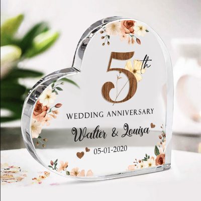 Personalized Wood Anniversary Gifts, 5 Year Anniversary Heart Acrylic Plaque, Five Year Wedding Anniversary Gift, Fifth Anniversary Keepsake