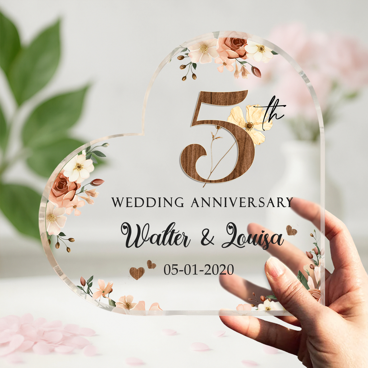 Personalized Wood Anniversary Gifts, 5 Year Anniversary Heart Acrylic Plaque, Five Year Wedding Anniversary Gift, Fifth Anniversary Keepsake