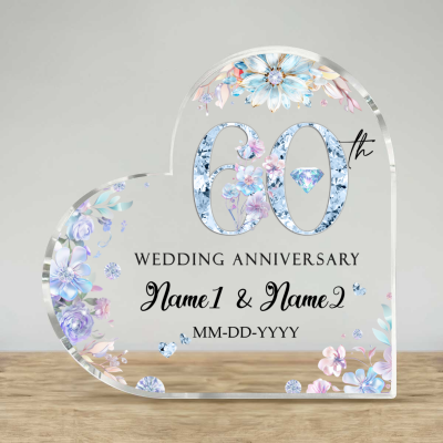 60th Wedding Anniversary Heart Acrylic Plaque, Personalized Diamond Wedding Anniversary Gifts, Milestone Anniversary Gifts For Parents