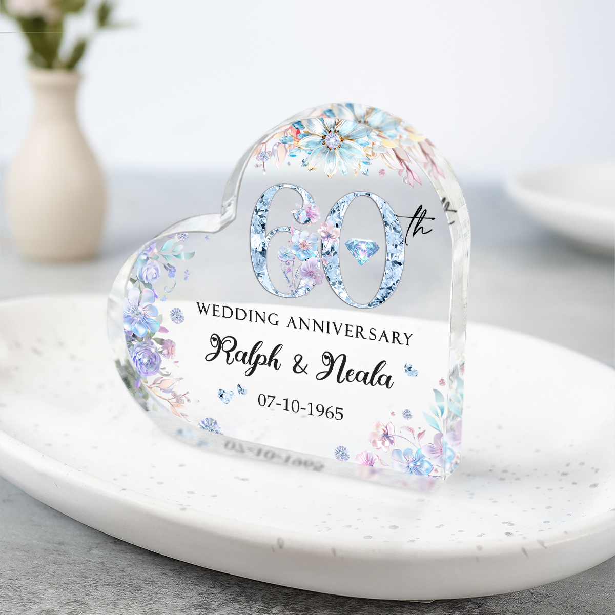 Personalized Diamond Wedding Anniversary Gifts, 60th Wedding Anniversary Heart Acrylic Plaque, Milestone Anniversary Gifts For Parents
