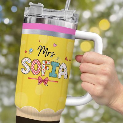 Personalized Teacher Appreciation Gift, Custom Pencil Teacher Tumbler with Handle, Tumbler Gift for Teacher, Back to School Gift