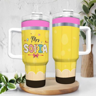 Personalized Teacher Appreciation Gift, Custom Pencil Teacher Tumbler with Handle, Tumbler Gift for Teacher, Back to School Gift