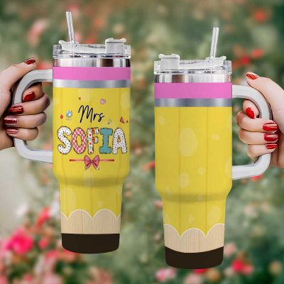 Personalized Teacher Appreciation Gift, Custom Pencil Teacher Tumbler with Handle, Tumbler Gift for Teacher, Back to School Gift