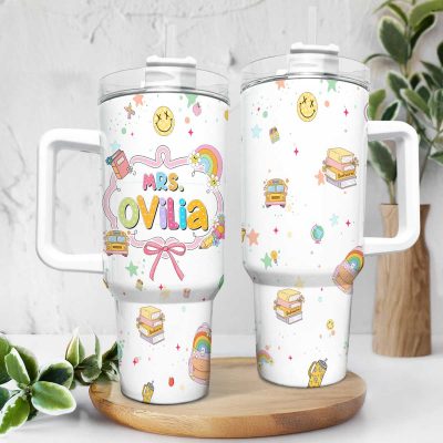 Personalised Teacher Appreciation Gift, Custom Teacher 40oz Tumbler with Handle & Straw, Teacher Gift, Chrismtas Thank You Gift for Teacher