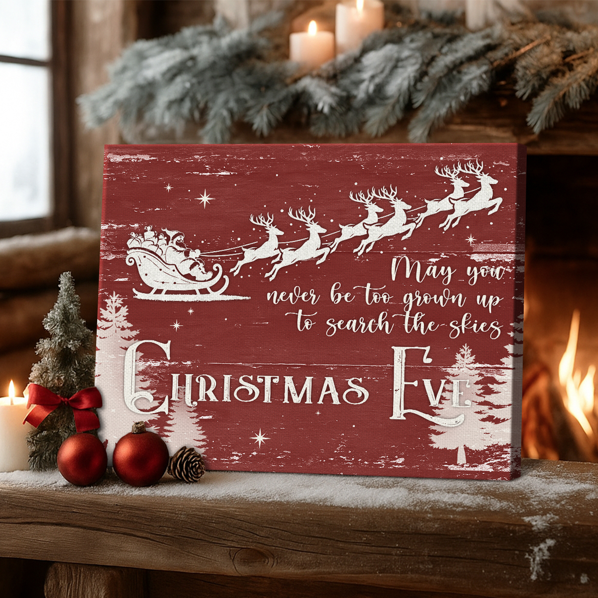 Red Christmas Sign, Santa Sleigh Reindeer Canvas Print, Farmhouse Christmas Sign, Holiday Decor, May You Never Be Too Grown Up Sign
