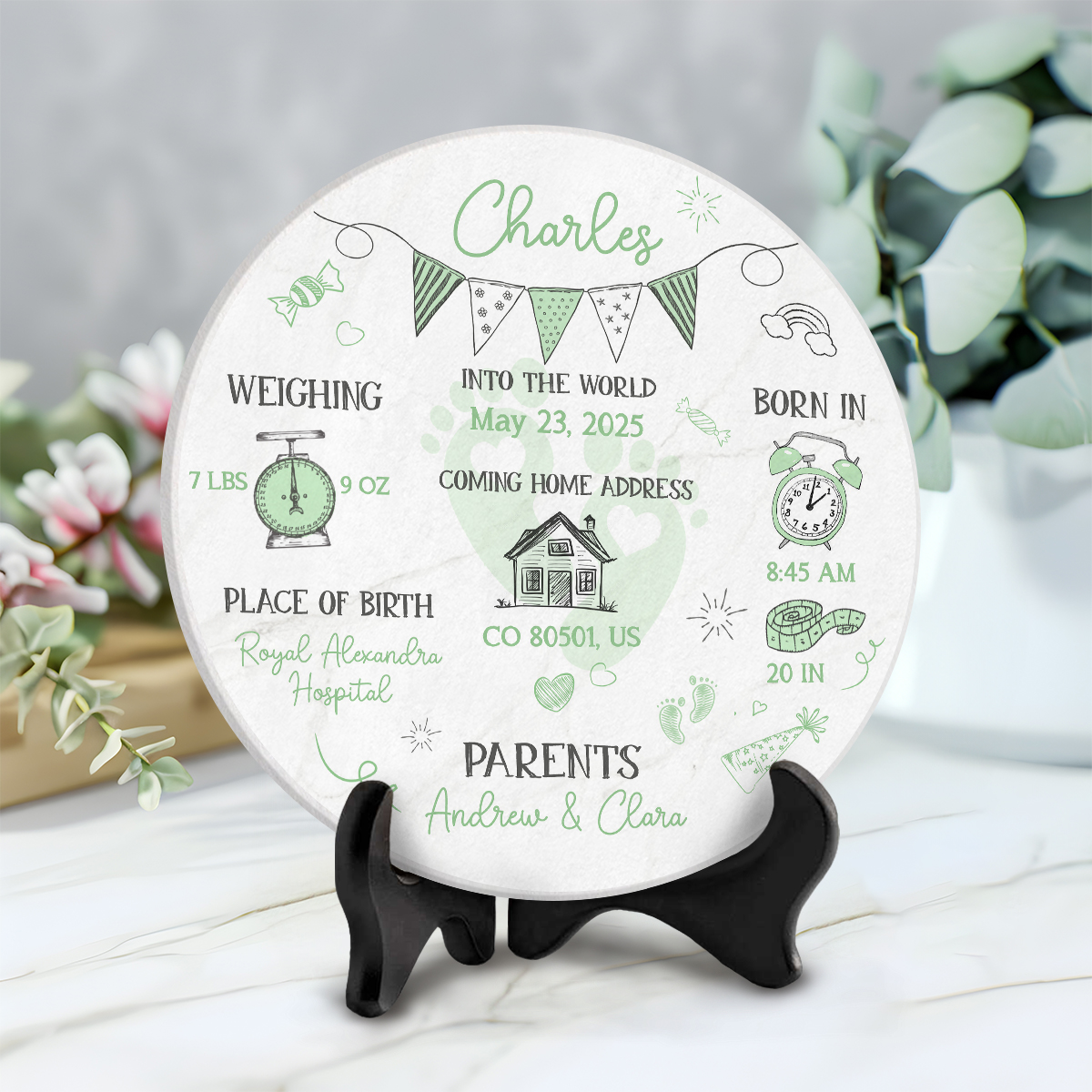 New Baby Keepsake Gift, Personalized Birth Stats Ceramic Tile, Christening Gift, Nursery Decor