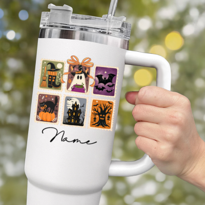 Personalized Retro Halloween Stamps Tumbler, Girly Halloween Tumbler, Spooky Season Tumbler, Spooky Mama Tumbler, Spooky Season Gift