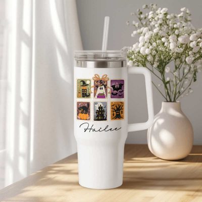 Personalized Retro Halloween Stamps Tumbler, Girly Halloween Tumbler, Spooky Season Tumbler, Spooky Mama Tumbler, Spooky Season Gift