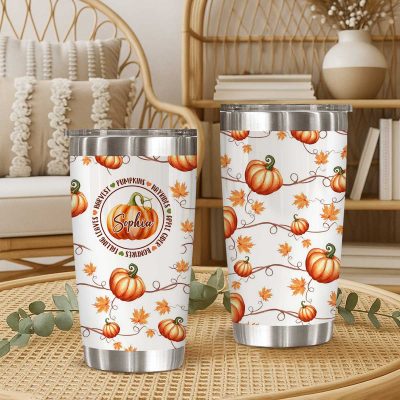 Personalized Fall Pumpkin Tumbler, Custom Floral Pumpkin Tumbler Cup, Pumpkin Travel Mug, Fall Travel Cup, Autumn Thanksgiving Tumbler Gift