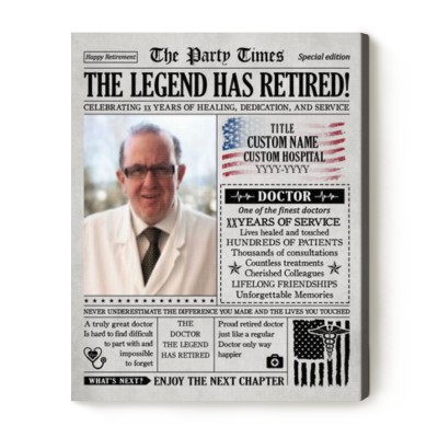 Personalized Retirement Newspaper Canvas, Doctor Retirement Gift, Doctor Leaving Gift, MD Retirement Party Decorations