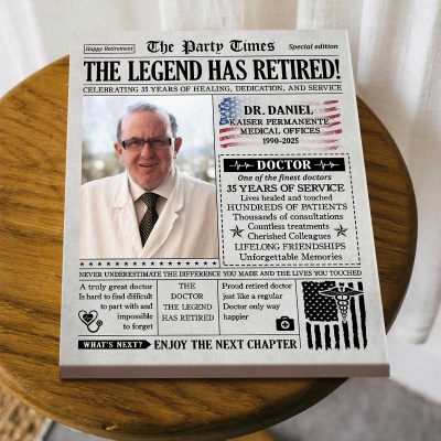 Doctor Retirement Gift, Doctor Leaving Gift, MD Retirement Party Decorations, Personalized Retirement Newspaper Canvas