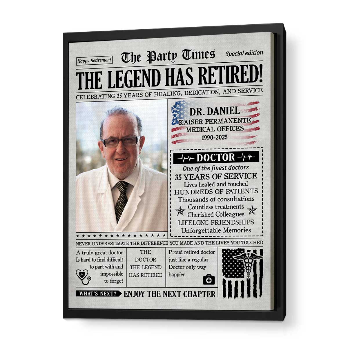 Doctor Retirement Gift, Doctor Leaving Gift, MD Retirement Party Decorations, Personalized Retirement Newspaper Canvas
