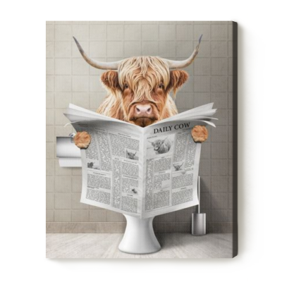 Funny Highland Cow Bathroom Wall Art, Cow on Toilet Print, Rustic Farmhouse Bathroom Wall Decor
