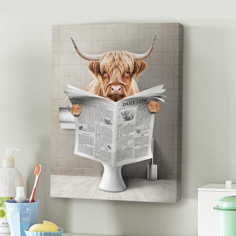 Funny Highland Cow Bathroom Wall Art, Cow On Toilet Print, Rustic ...