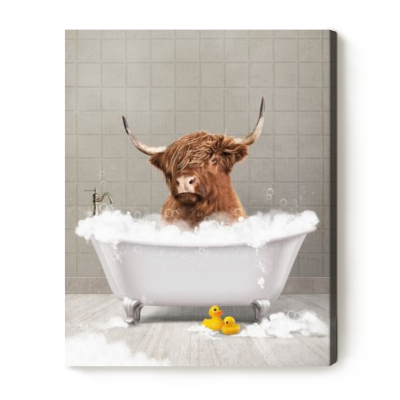 Funny Highland Cow Bathroom Print, Highland Cow in Bathtub Print, Funny Restroom Signs