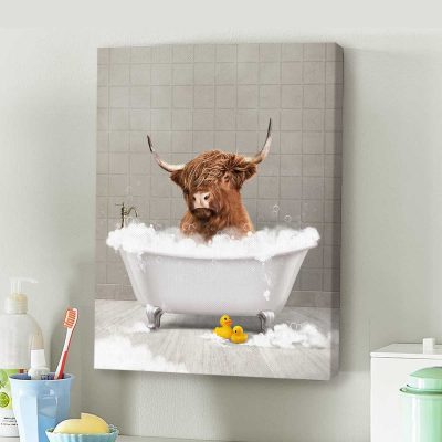 Funny Highland Cow Bathroom Print, Highland Cow in Bathtub Print, Funny Restroom Signs
