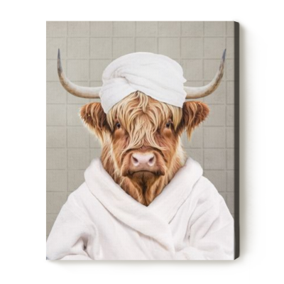 Highland Cow Funny Bathroom Wall Art, Highland Cow in Bathrobe Print, Toilet Humor Wall Art