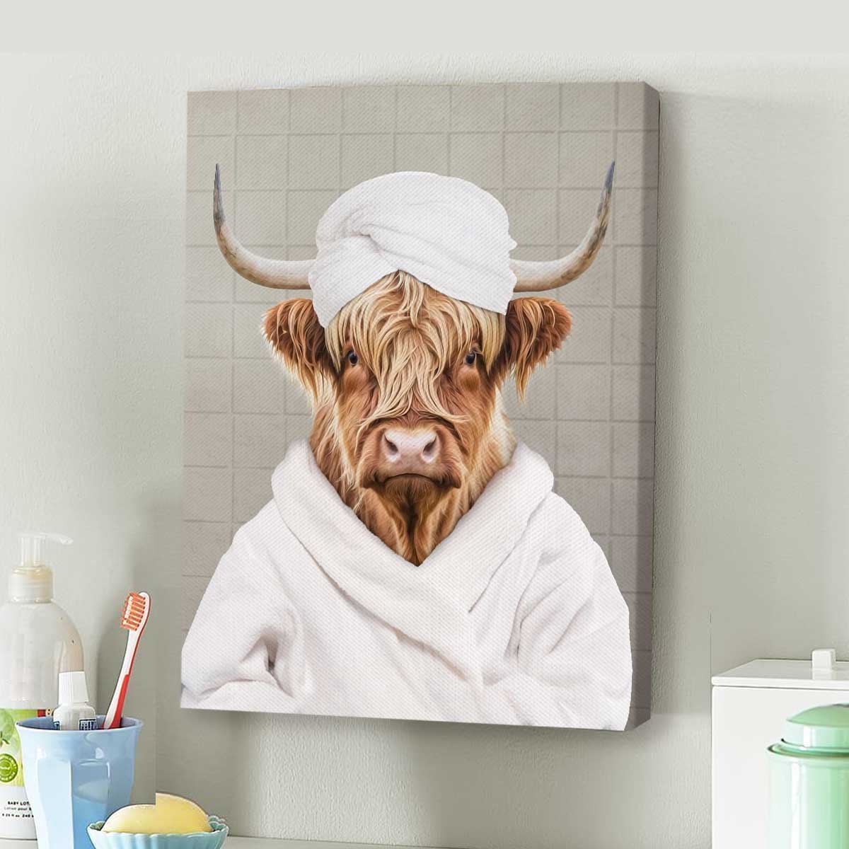 Highland Cow Funny Bathroom Wall Art, Highland Cow in Bathrobe Print, Toilet Humor Wall Art 1 Highland Cow Funny Bathroom Wall Art, Highland Cow in Bathrobe Print, Toilet Humor Wall Art