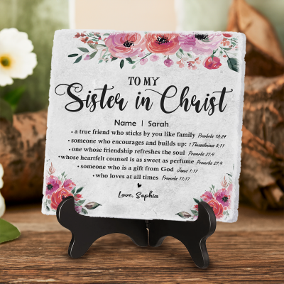 To My Sister In Christ Personalized Gift, Scripture Verse Encouragement Tile Plaque, Christian Gift For Religious Church Bible Study Friend
